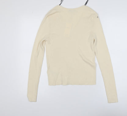 Marks and Spencer Women’s Beige V-Neck Ribbed Knit Long Sleeve Top M