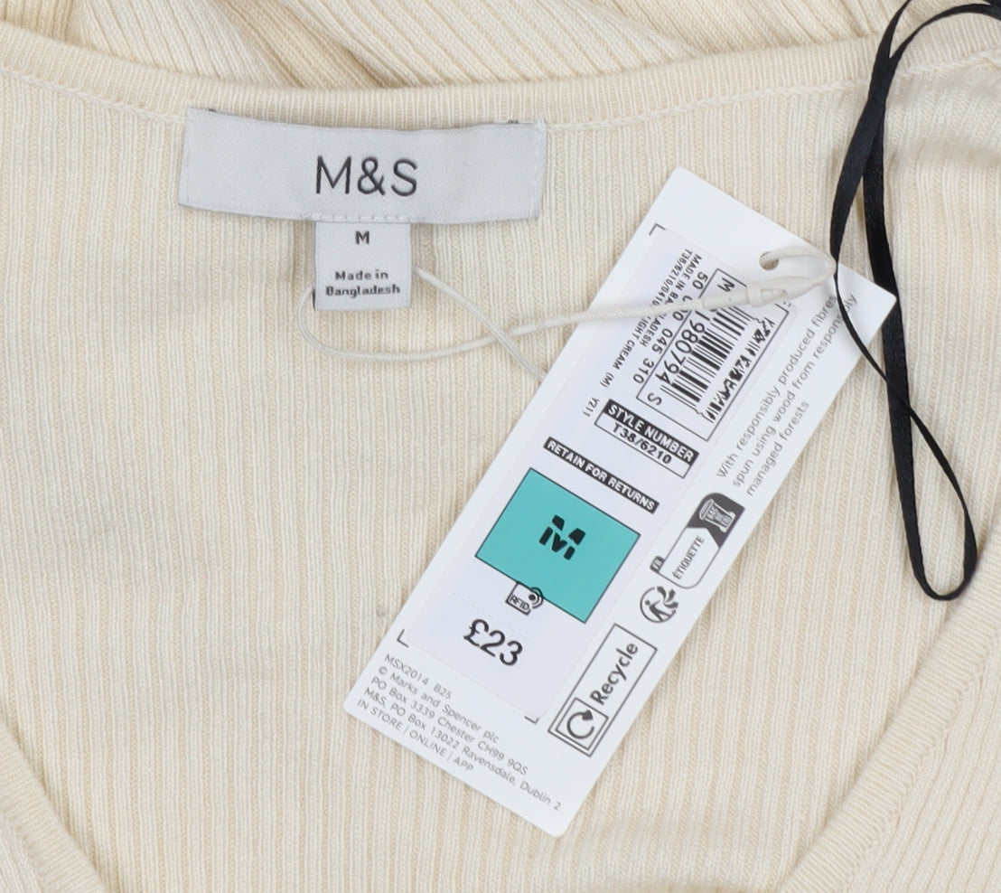 Marks and Spencer Women’s Beige V-Neck Ribbed Knit Long Sleeve Top M