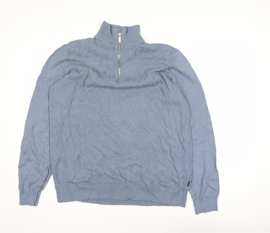 Burton Menswear Blue XL High Neck Half Zip Cotton Jumper