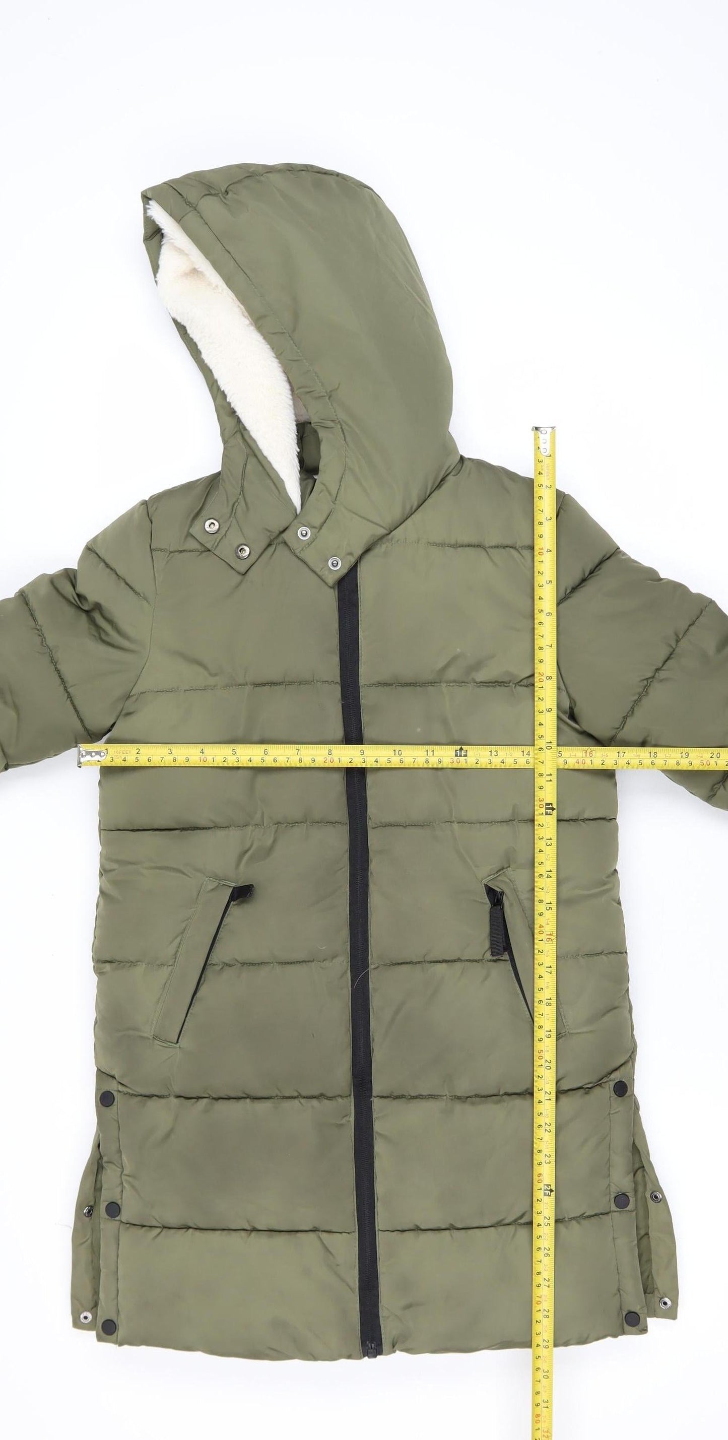 F&F Girls Green Hooded Long Puffer Coat 7-8 Years Winter Quilted Jacket