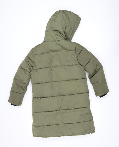 F&F Girls Green Hooded Long Puffer Coat 7-8 Years Winter Quilted Jacket