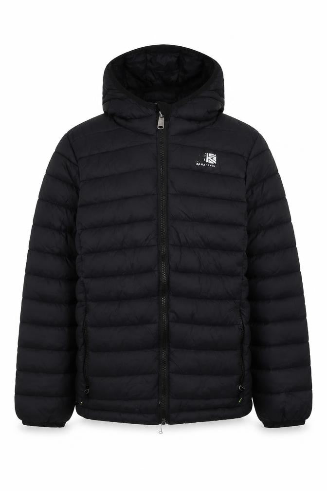Front view of Karrimor boys’ black 13 years hooded puffer jacket with full zip