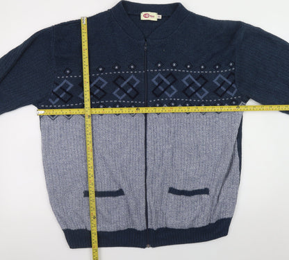 Carabou Mens Blue Geometric Full Zip Acrylic Jumper 4XL