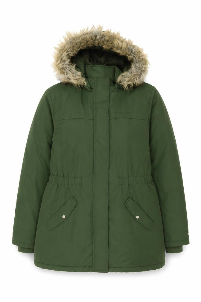 Jacqueline de Yong Women’s Green XL Parka Coat with Faux Fur Hood