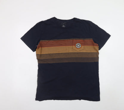 Quiksilver Men's Blue Striped Cotton Crew Neck T-Shirt Size L