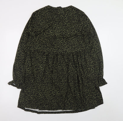 New Look Women’s Green Leopard Print Smock Dress Size 12 Long Sleeve