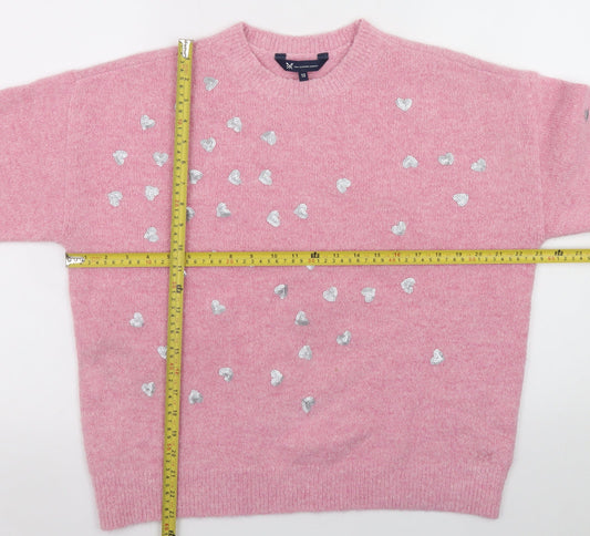Crew Clothing Women Pink Sequin Heart Pullover Jumper Size 12