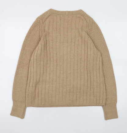 Marks and Spencer Women Beige Henley Jumper Medium Rib Knit Long Sleeve