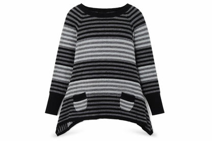Femme Women’s Grey Striped Tunic Jumper L Relaxed Fit Knit
