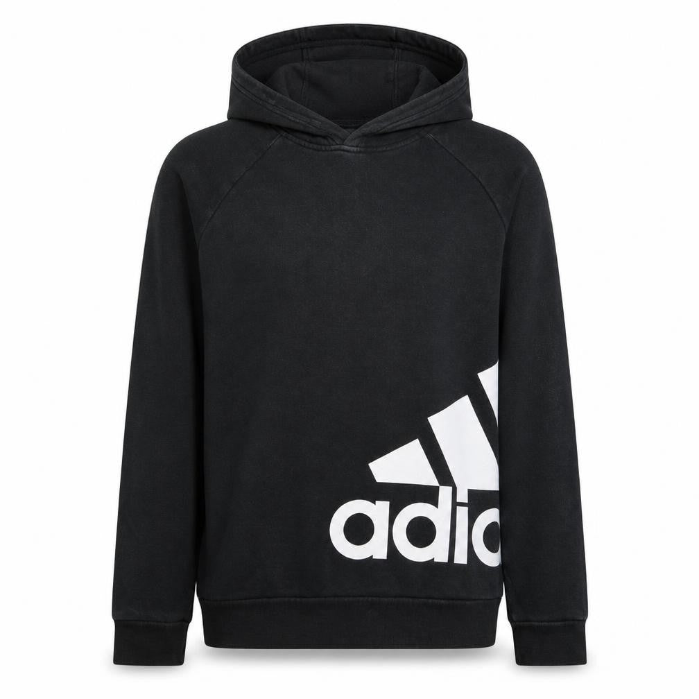Front view of Adidas boys’ black pullover hoodie 15-16 years fleece logo sweatshirt