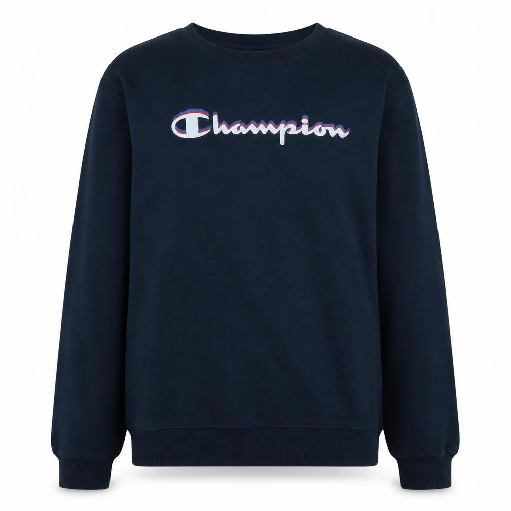 Front view of Champion boys’ navy blue crew neck logo sweatshirt 15-16 years 2xl