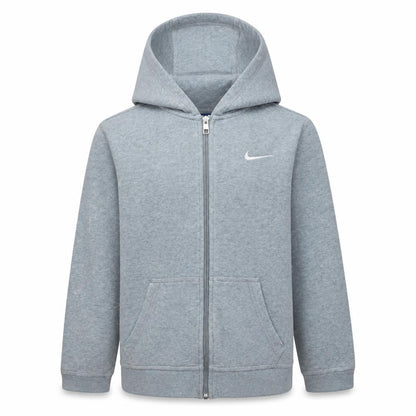Front view of Nike boys’ grey full zip fleece hoodie, size 13-15, years regular fit