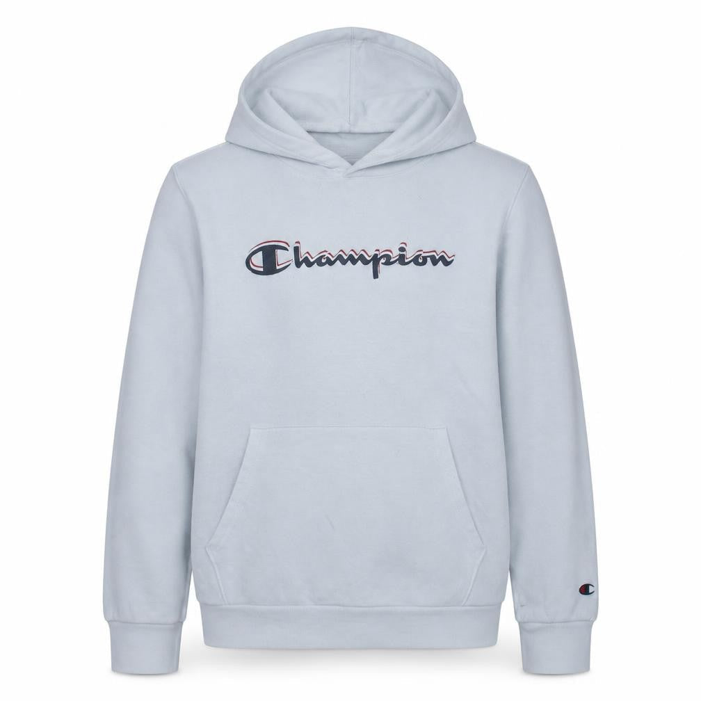 Front view of Champion boys’ white pullover hoodie 15-16 years logo fleece sweatshirt