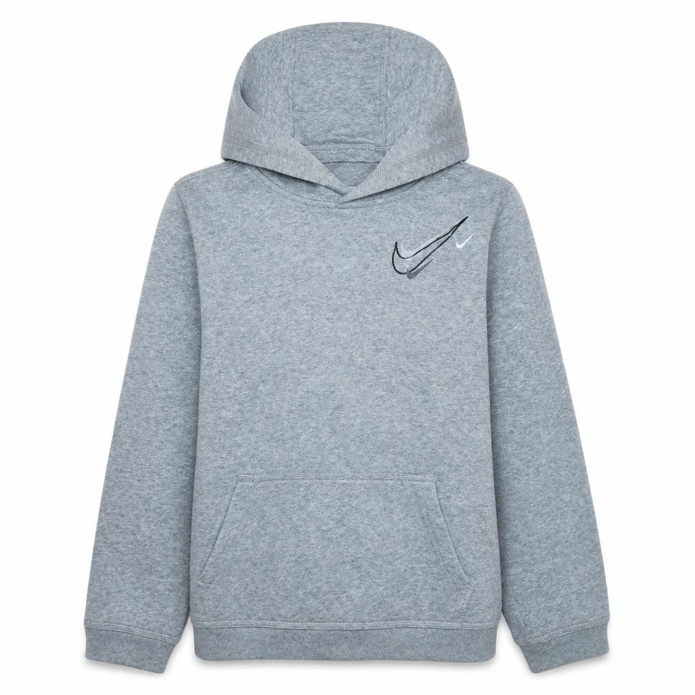 Front view of Nike boys’ grey xl pullover fleece hoodie with logo print
