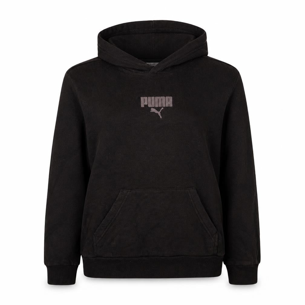 Front view of PUMA Teens Black Pullover Hoodie L Logo Cotton Sweatshirt
