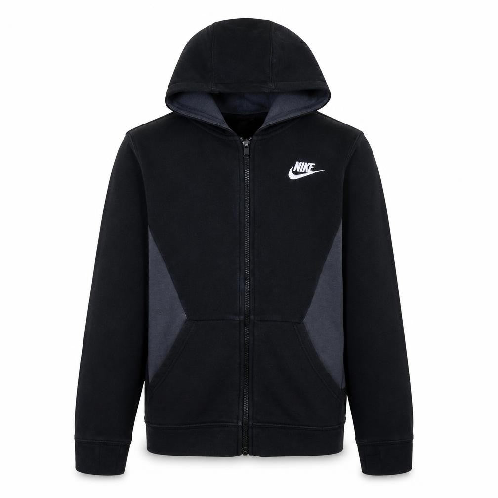 Front view of Nike boys’ black xl full zip fleece hoodie with logo