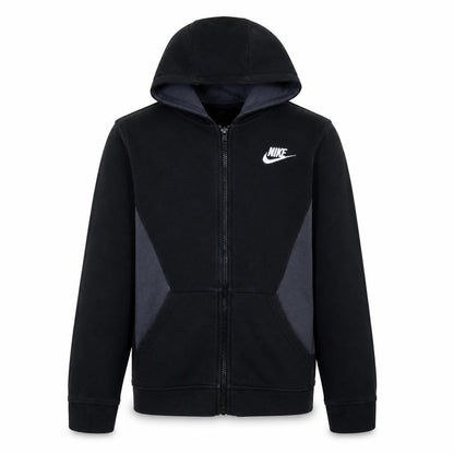 Front view of Nike boys’ black xl full zip fleece hoodie with logo