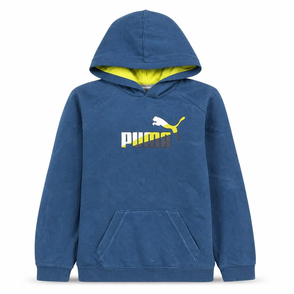 Front view of Puma boys’ blue pullover hoodie 14 years graphic logo hooded sweatshirt