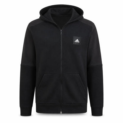 Front view of Adidas Men's Black Full Zip Hoodie, size M, Sports Fleece Jacket