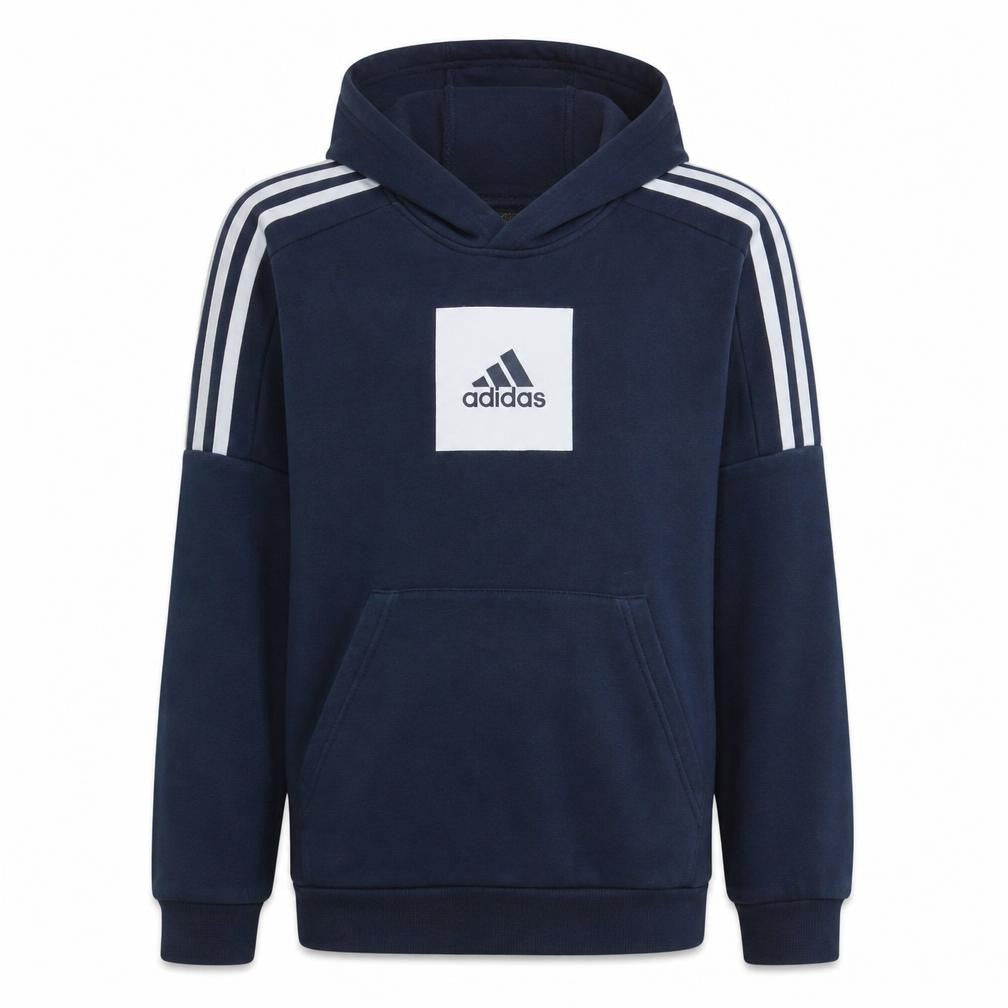 Front view of Adidas boys’ navy blue pullover hoodie sweatshirt, size 14, years cotton blend