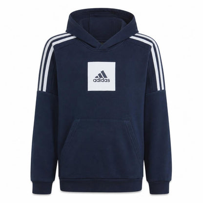 Front view of Adidas boys’ navy blue pullover hoodie sweatshirt, size 14, years cotton blend