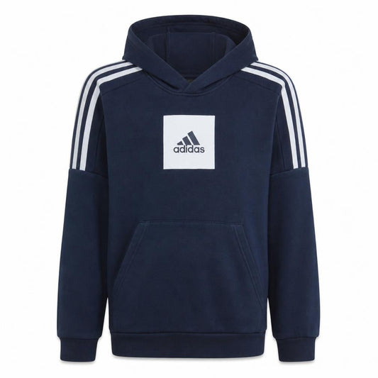 Front view of Adidas boys’ navy blue pullover hoodie sweatshirt, size 14, years cotton blend