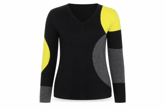 Marble Womens XS Black Geometric V-Neck Cotton Jumper