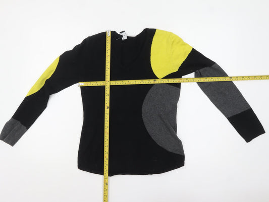 Marble Womens XS Black Geometric V-Neck Cotton Jumper