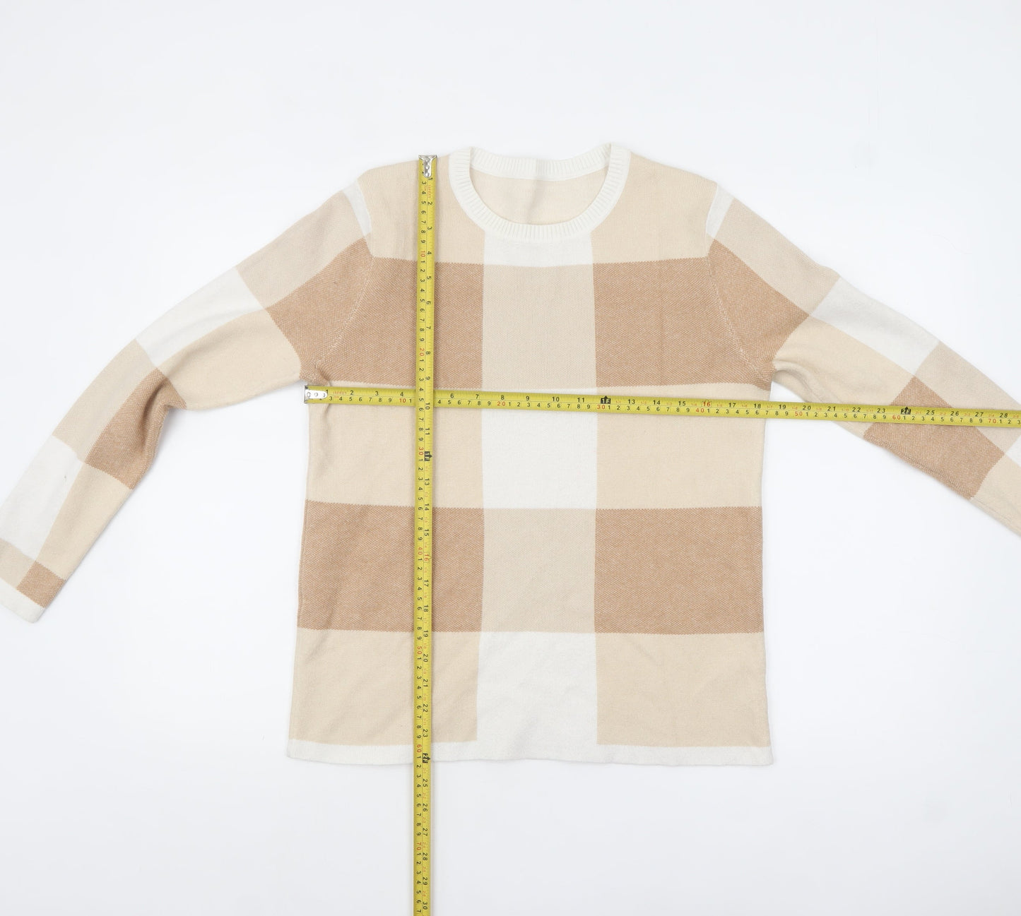 Bonmarché Womens Beige Check Knit Pullover Jumper Size 12