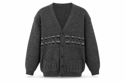 Menswear Men's Grey L Chunky Knit Geometric Button Cardigan