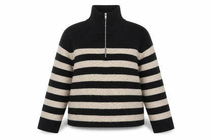 New Look Women’s Black Beige Striped High Neck Half Zip Jumper Size 18