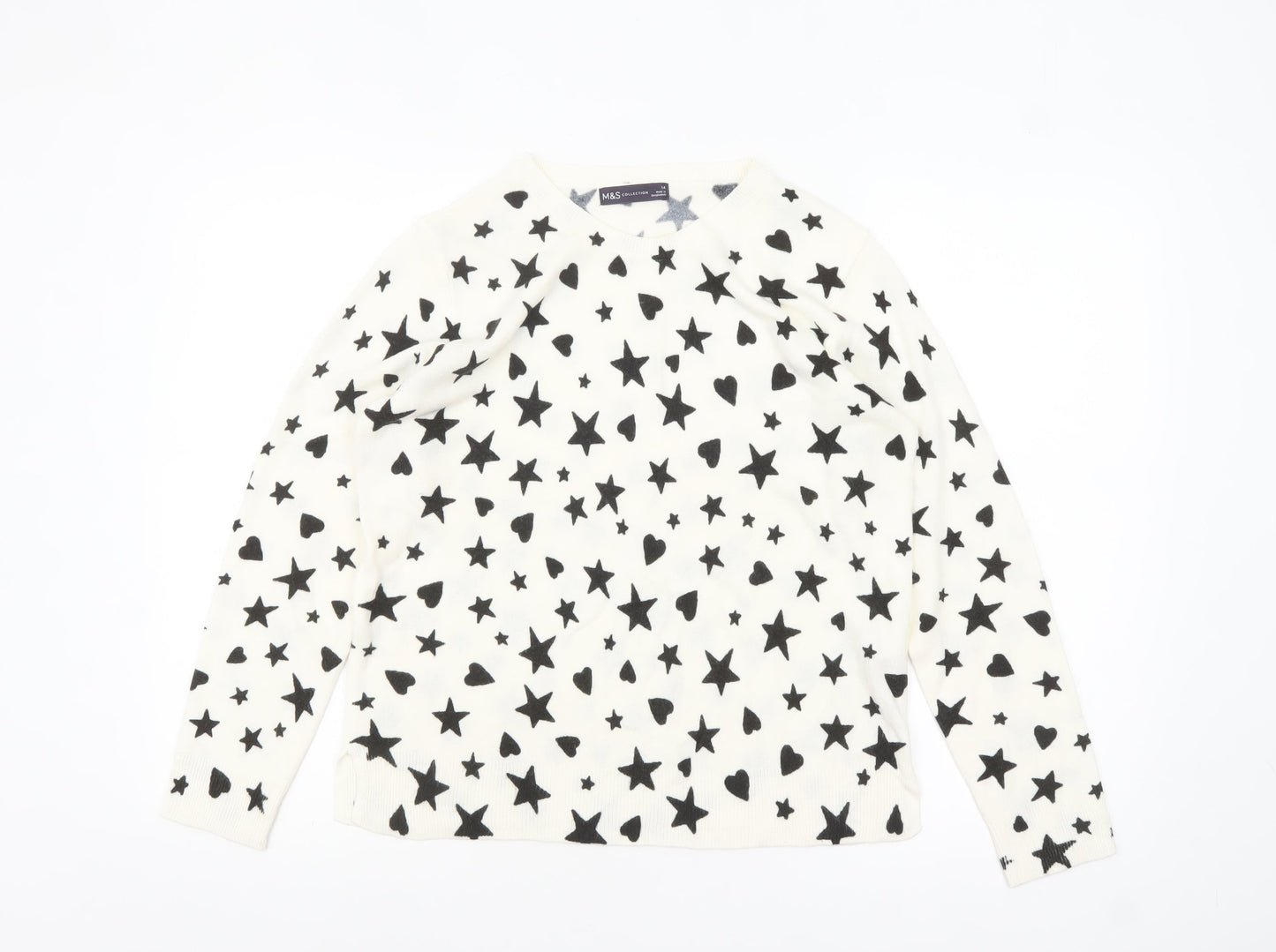 Marks and Spencer Women White Star Heart Knit Jumper Size 14