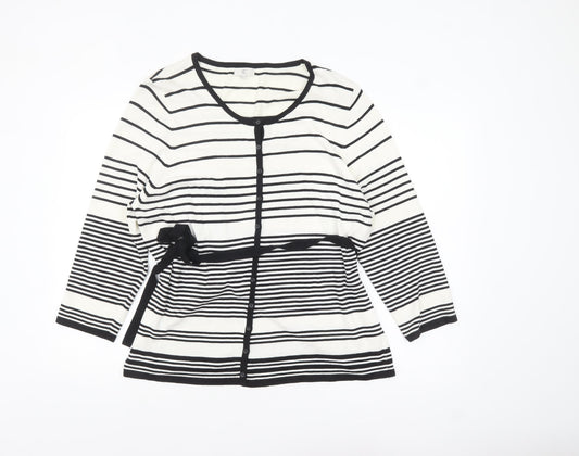 CC Women White Black Striped Cardigan XL Round Neck Long Sleeve