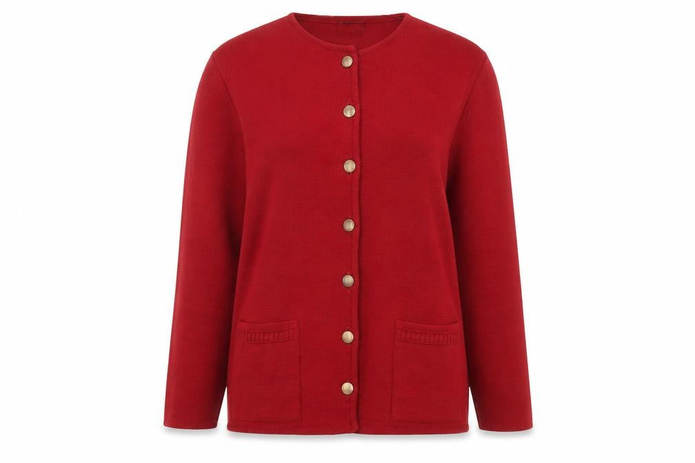 Front view of Canda women’s red cardigan l wool blend crew neck long sleeve
