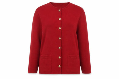 Front view of Canda women’s red cardigan l wool blend crew neck long sleeve