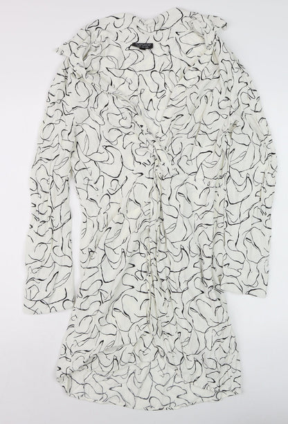 Topshop Women White Abstract Wrap Dress Size 18 Long Sleeve