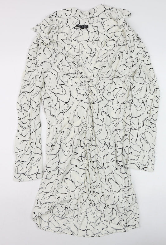 Topshop Women White Abstract Wrap Dress Size 18 Long Sleeve