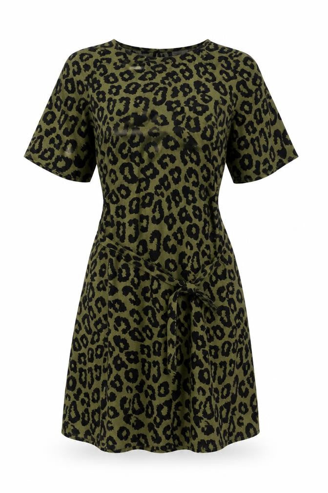 Front view of Jacqueline de Yong Women's Green Leopard Print A-Line Knee Length Dress, size 8