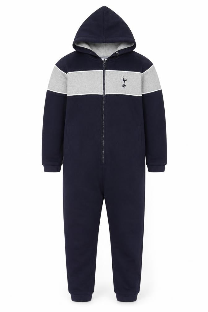 Front view of Tottenham Hotspur boys’ navy & grey one piece hooded pyjamas 11-12 years