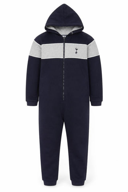 Front view of Tottenham Hotspur boys’ navy & grey one piece hooded pyjamas 11-12 years