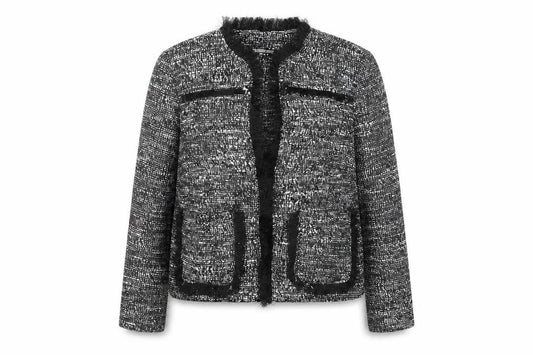 Front view of Fashion Union Women's Black Tweed Cropped Blazer Jacket, size 8