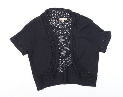 Joan Womens Black Crochet Knit Open Short Sleeve Cardigan Size 10