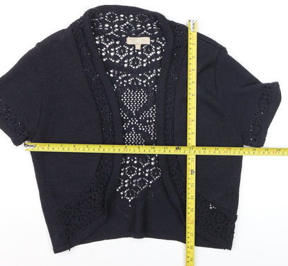 Joan Womens Black Crochet Knit Open Short Sleeve Cardigan Size 10