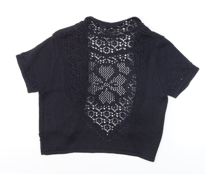 Joan Womens Black Crochet Knit Open Short Sleeve Cardigan Size 10