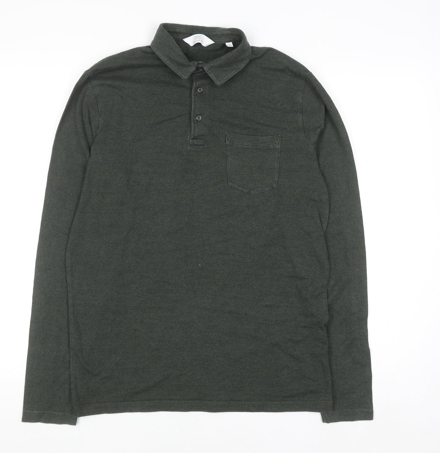 Next Men's Green Regular Fit Long Sleeve Cotton Polo Shirt M
