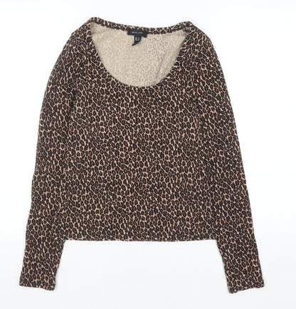 New Look Women Brown Leopard Print Long Sleeve Scoop Neck Top Size 14