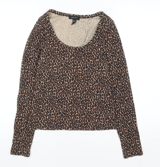 New Look Women Brown Leopard Print Long Sleeve Scoop Neck Top Size 14
