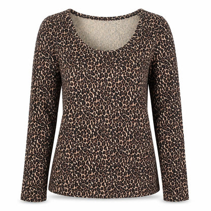 New Look Women Brown Leopard Print Long Sleeve Scoop Neck Top Size 14