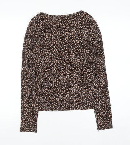 New Look Women Brown Leopard Print Long Sleeve Scoop Neck Top Size 14