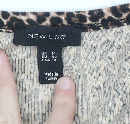 New Look Women Brown Leopard Print Long Sleeve Scoop Neck Top Size 14